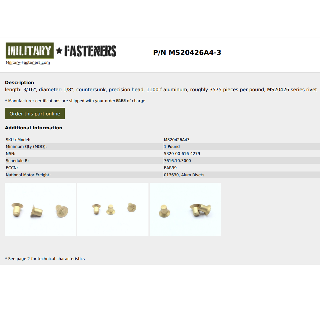 MILITARY-FASTENERS铝合金军标实心铆钉MS20426A4-3 单位（磅）