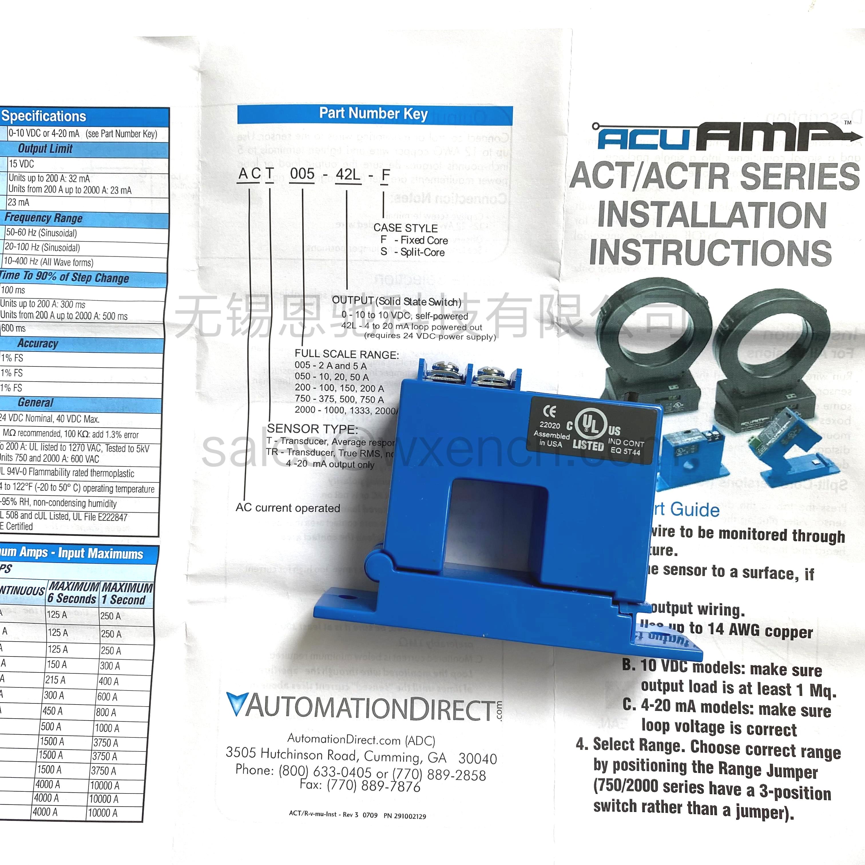 Automationdirect交流电流传感器AcuAMP 4-20mA输出ACT200-42L-S